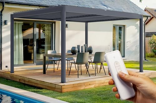 - Dimensioni: 395x305x220 cm (LxPxA) - Struttura: Alluminio - RAL 7016 - Lame: Acciaio - Grigio antracite - Accessori e viti inclusi - Dotato di presa di collegamento