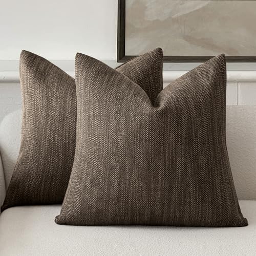 Image of Foindtower Set of 2 Decorative Textured Burlap Linen Throw Pillow Covers Farmhouse Boho Cushion Cover Solid Accent Pillowcase for Couch Sofa Bed Living Room Home Decor, 22x22 Inch,Chocolate