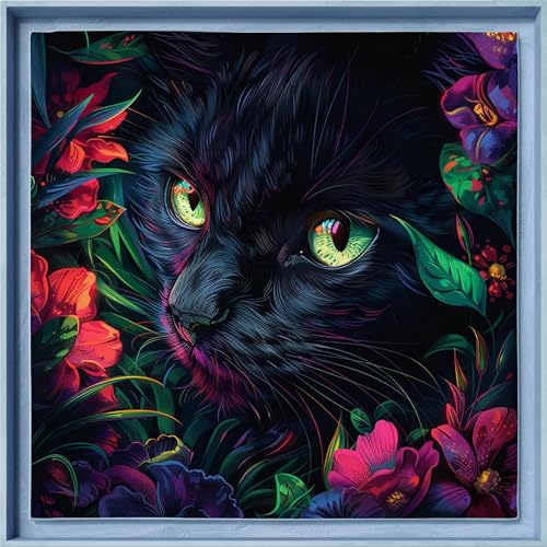 Image of Leczany Cross Stitch Patterns Stamped Kit for Beginners | Embroidery Supplies DIY Craft Kit Needlepoint for Adults Starter | 11CT, 3 Strands | Black Cat in Flowers 16.5x16.5 inches