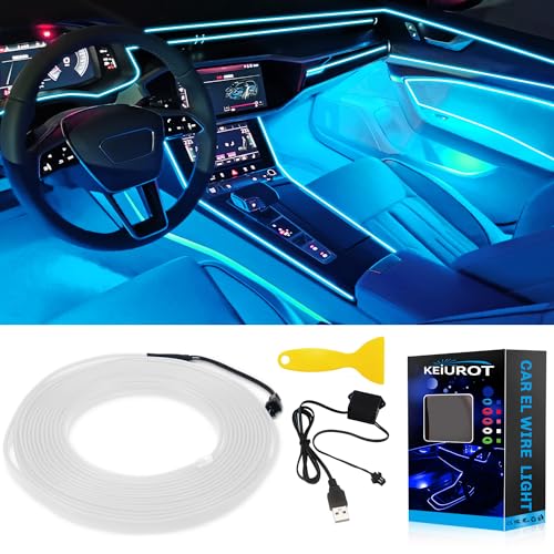 Keiurot Tira de luces LED de neón para coche, con cable eléctrico, color azul hielo, 5 m, iluminación ambiental del coche, tira de luces LED para interior, decoración de borde de costura, tira de