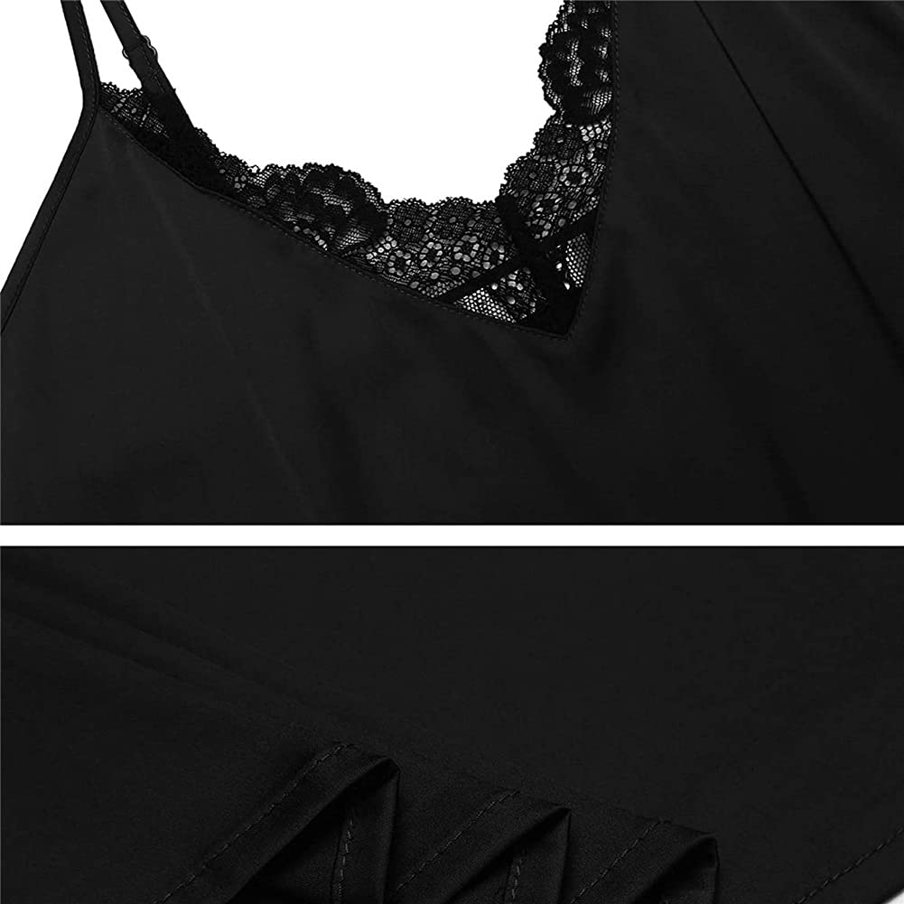Sexy Damen-Pyjama-Set, Spitze, Nachtwäsche, Satin-Seide, Babydoll-Dessous, Nachthemd, ärmelloses Nachthemd, sexy Sets (schwarzer XXXL-Code)