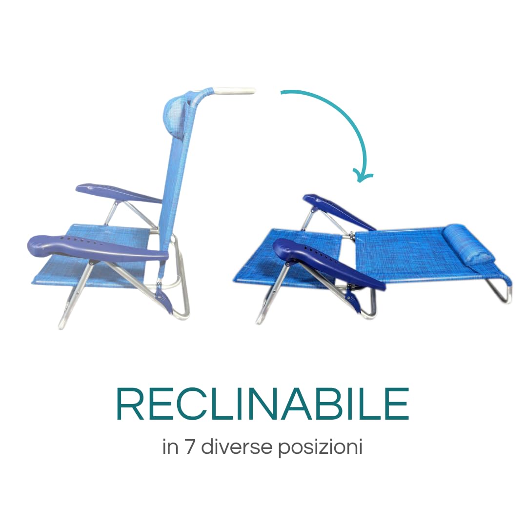 PALUPLUS Spiaggina Pieghevole con Braccioli, Misura 55x46x80 cm, Struttura Alluminio, Reclinabile in 7 Posizioni, Cuscino Poggiatesta, Sedia per Spiaggia, Piscina, Portata 100Kg -1771F (Blu)