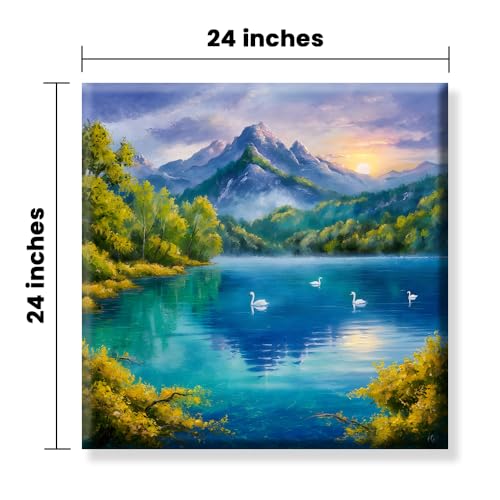 Image of Exsha Mountain Lake Sunset Canvas Painting with Swans, Vibrant Blue & Green Square Wall Art for Living Room, Bedroom, Office Decor|20x20 Inch|Nature Painting for Wall Decoration