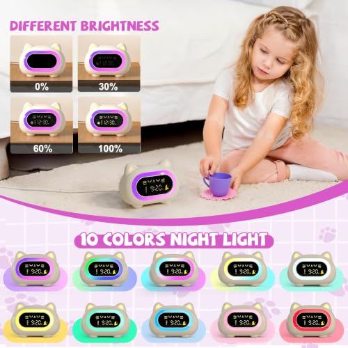 Image of Kids Alarm Clock Toddler Sleep Training Clock with 10 Night Lights, White