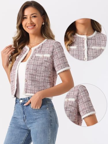 Image of Allegra K Short Sleeve Tweed Jacket for Women Summer Crew Neck Button Front Cropped Cardigan