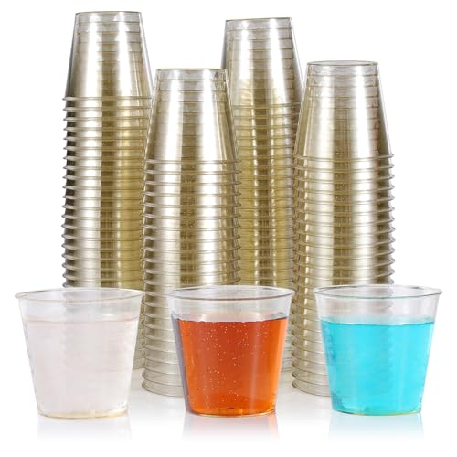 YINCL [100 Pcs] Golden Glitter Plastic Shot Glasses - 1 OZ Mini Disposable Clear Shot Cups Bulk for Jello,Sample Tasting