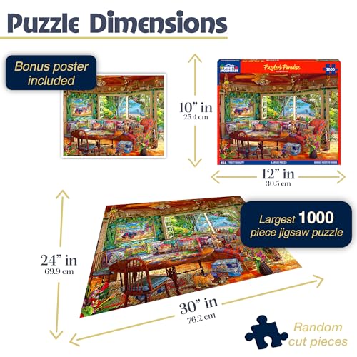 Rompecabezas White Mountain de 1000 piezas con paisaje lacustre escénico, para adultos y familia, piezas grandes, 24" x 30", cabaña miniatura 2
