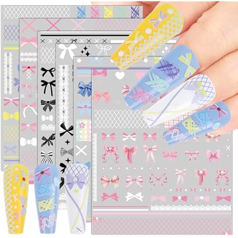 Keluna Bow Nail Art Stickers - 6 Sheets Pearl Lace Nail Sticker, 5D Embossed Bowknot Ribbon Nail Decals Designs, Colorful Self Adhesive Nail Decal for Women Girls DIY Manicure Decoration Accessories Cover