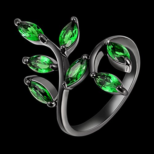 Huanhuan Jewelry Black Gold Plated Ring Marquise Cut Seven Green Cubic Zirconia Adjustable Leaf Design For Womens Girls Bridal Wedding Band Ring Unique Size 10 #TOP3