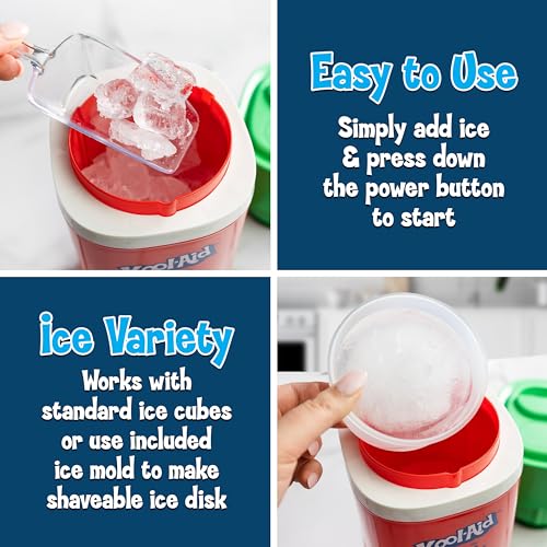 Image of Kool-Aid Electric Ice Shaver for Snow Cones & Frozen Drinks - Single Serve Machine with Stainless Steel Blades - Reusable Cone and Freezing Bowl Mold Included - Strawberry Red