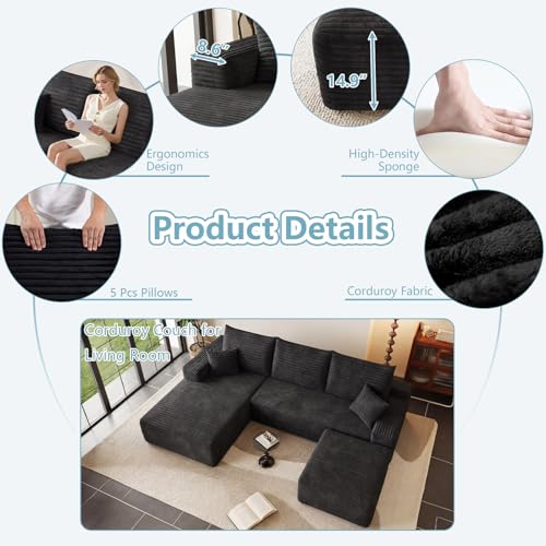 Image of 95 inch Boneless Cloud Couch Sectional Couches Sofa for Living Room | Modular U-Shaped Couch, Comfy Modern Corduroy Memory Foam Sofas with Ottoman, Oversized Chaise (Black, Left-Facing Chaise)