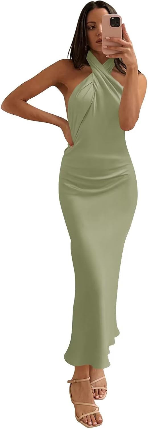 Dusty Sage Satin Bridesmaid Dresses Midi Halter Backless Spring Wedding Guest Dress Tea Length Formal Cocktail Evening Gown US0