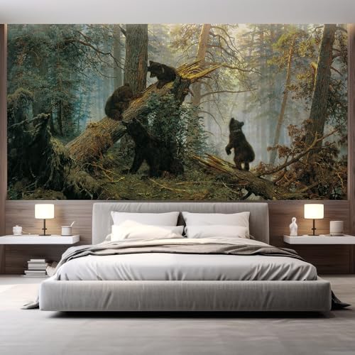 wall26 Morning in a Pine Forest (Bears Playing on a Fallen Tree) by Ivan Shishkin Russian Wall Mural - 48x72 inches