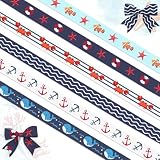 6 PCS Summer Ocean Themed Grosgrain Ribbons 3/8' Sea Animals Decor Ribbons 18 Yards, Sea Wave Starfish Craft Ribbons for Summer Party Favor Decoration Holiday Birthday Gift Packaging DIY Supplies