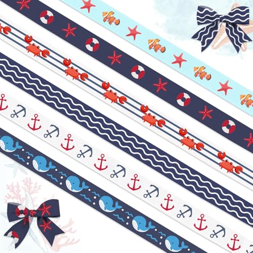 6 Pcs Nautical Ribbon 3/8" Summer Beach Grosgrain Ribbon 18 Yards