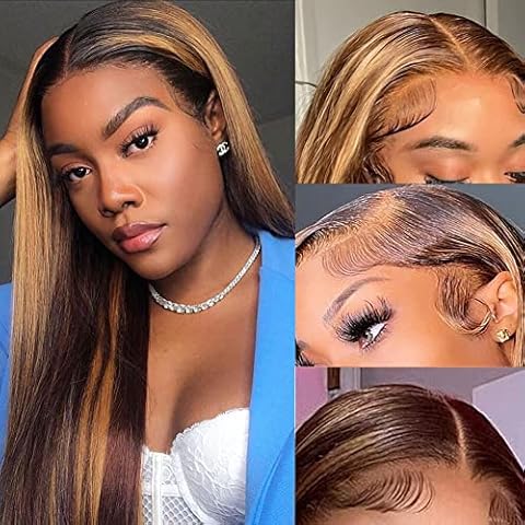 XFMF 28 inch Highlight Lace Front Wig Human Hair Ombre 13x4 Straight Lace Front Wigs Human Hair for Black Women with Baby Hair 4/27 Color 180% Density Honey Blonde Straight Human Hair Cover