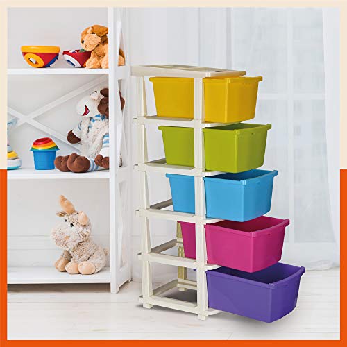 Bathla STOMO 5 XL Drawers Multi-purpose Modular Storage for Home, Kitchen & Office | Easy to Move with Trolley Wheels | Chest of Drawers | Multicolour (Plastic)