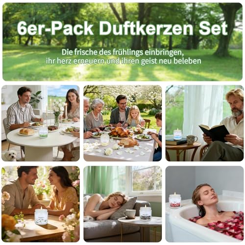 Aeraroma Frühling Duftkerze im Glas, 6er Duftkerzen Set für Frauen Männer, 600g Natürliche Sojawachs Kerze Set fürs Zuhause Duftende, Duftkerzen Geschenk für Geburtstag, Valentinstag, Jubiläum