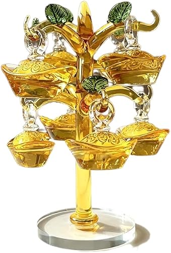 Caibaoshu& Artificial Tree Sculpture Stand&Crystal Money Tree Plant Indoor,Amber Decorative Figurine with Green Leaves.Acrylic Base Display Stand (7inch)