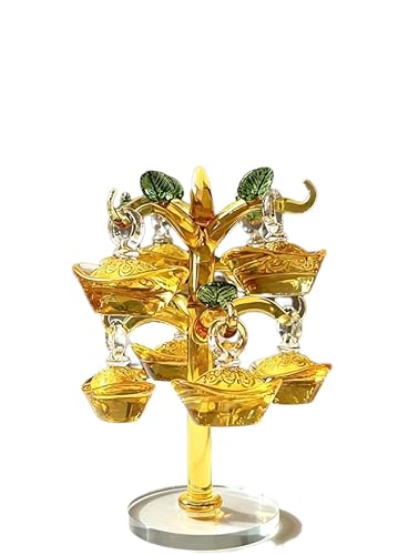 LOTUSROSAS Caibaoshu& Artificial Tree Sculpture Stand&Crystal Money Tree Plant Indoor,Amber Decorative Figurine with Green Leaves.Acrylic Base Display Stand (7inch)