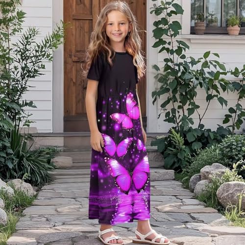 Girl's Short Sleeve Long Dress Loose Casual Maxi Dresses with Pockets CEW Neck A-Line Dress for 5-14 Years3