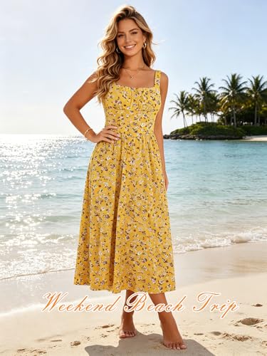 Image of YIOYOLA Womens Casual Summer Dress with Pockets | Sleeveless Square Neck Flowy A-Line Midi Sundress for Beach & Wedding Guest