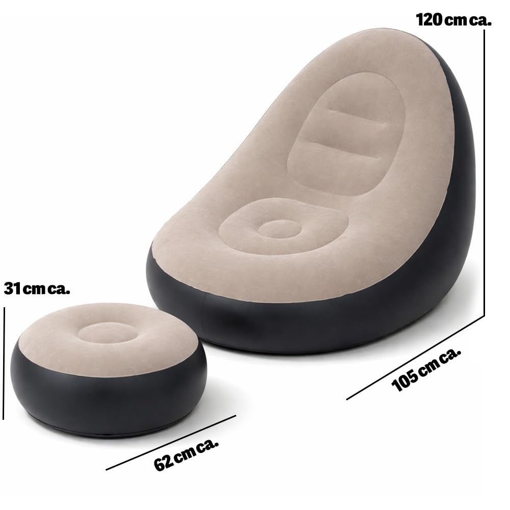 BAKAJI Poltrona con Pouf Gonfiabile per Interni ed Esterni con Doppia Texture, Divanetto Gonfiabile in PVC ed Effetto Velluto, Ottomano per Adulti e Bambini da Campeggio, Casa, Giardino, Mare (Grigio)