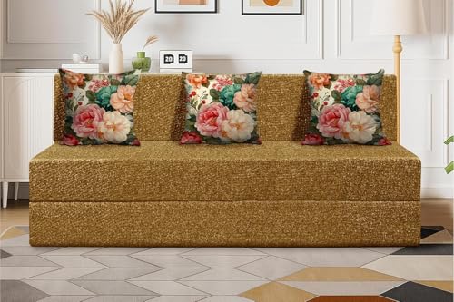 Image of DIVISHA HOMES Foldable 3 Seater Sofa Cum Bed, Sofa Bed 5 X 6 Feet, Jute Fabric- Washable Cover- Including Three Cushion Perfect for Home & Office - Golden Color