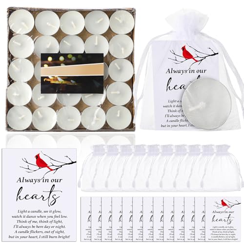 Coume 50 Set Funeral Party Favors Memorial White Candles Unscented Funeral Gifts Tealight Candles with Condolence Bereavement Cards, Organza Bags for Guest Celebration of Life Decorations (Cardinal)
