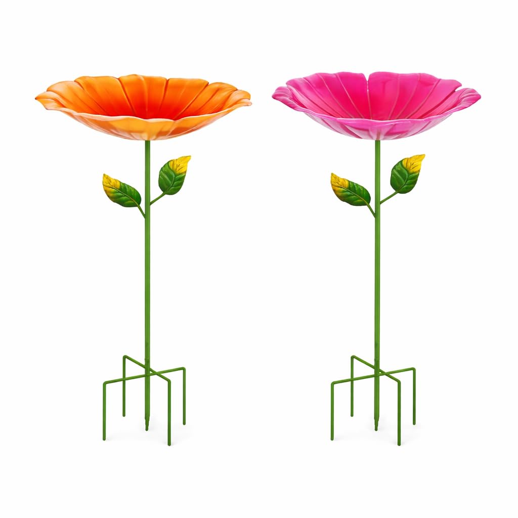 2er Set Metall-Vogeltränke stehend für Garten, Vogelbad Vogelbecken Futterschale Schüssel Wildvogeltränke Wassertränke Vogelfutterspender Abnehmbar frostfest für Hof (Blume B-Gelb & Pink)