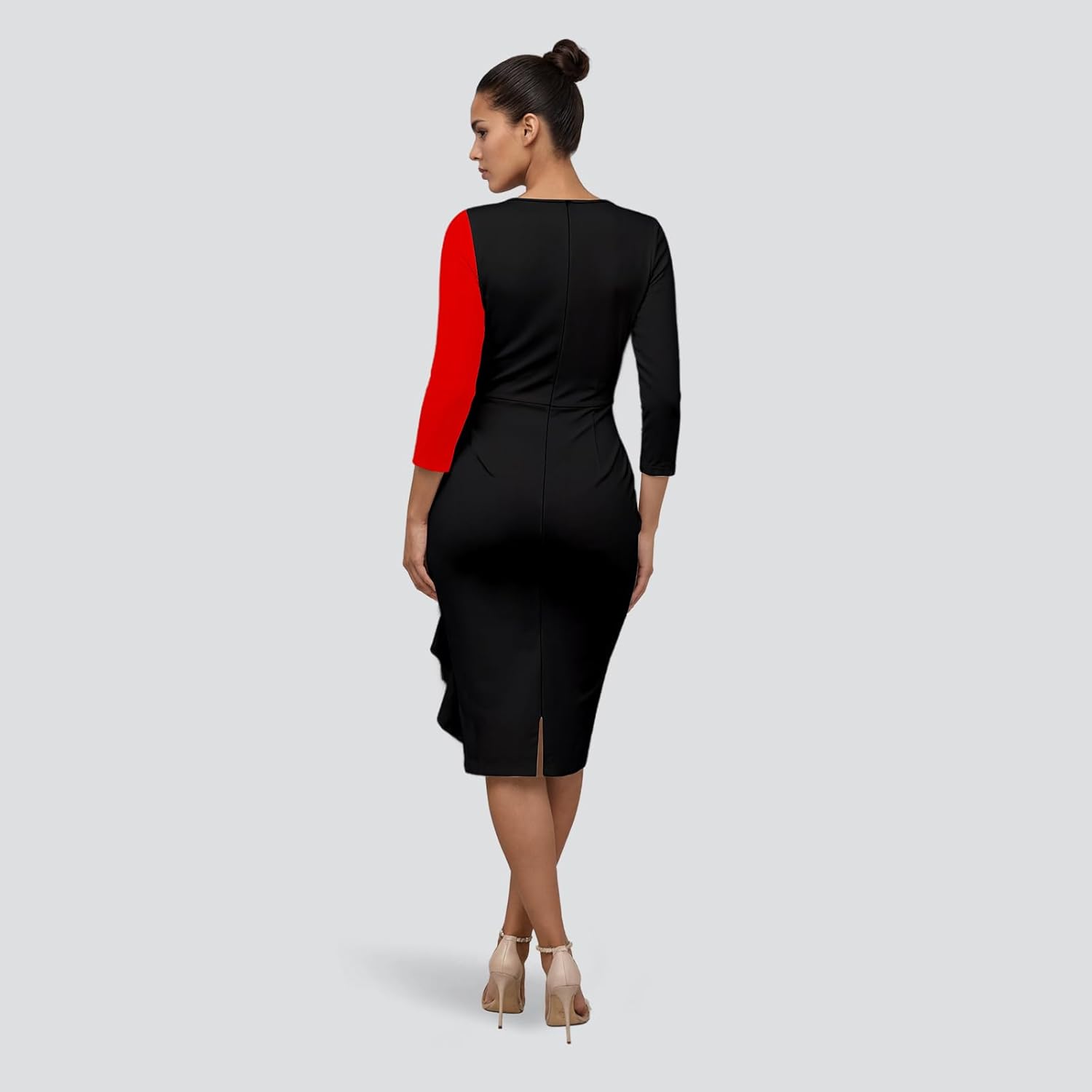 Women's Ruffle Wear to Work Dress, Long Sleeve Crew Neck Colorblock Sheath Bodycon Midi Dresses - Image 6