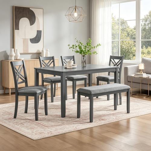 Image of LUMISOL 6-Piece Solid Wood Dining Table Set, Wood Kitchen Table with 4 Chairs and Bench, Farmhouse Dining Table with Bench and Chairs Set for Kitchen, Living Room, Grey