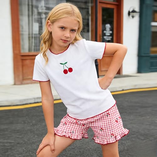 Image of Yoxindax Tween Girls Summer 2-Piece Outfit Set - Crew Neck Short Sleeve T-Cherry Print Shorts 7-14Y Summer Clothes