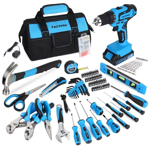 Image of FASTPRO 232-Piece Home Tool Set with Drill, 20V Cordless Drill Driver, Household Repairing Tool Kit with Drill, 12-Inch Wide Mouth Storage Tool Bag Included, Blue