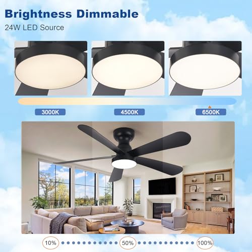 Image of Depuley Black Ceiling Fan with Lights: 42-Inch Flush Mount Fan with Light and Remote - Low Profile Ceiling Fans Reversible Quiet DC Motor for Bedroom Living Room Indoor Outdoor