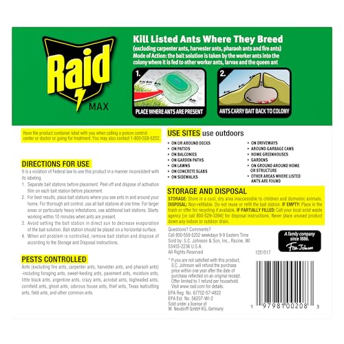 Image of Raid Outdoor Liquid Ant Bait, Starts Killing Listed Ants Within 24 Hours, Effective Outdoors, Pre-Filled and Ready-to-Use, 8 Bait Stations Per Pack, 2 fl oz