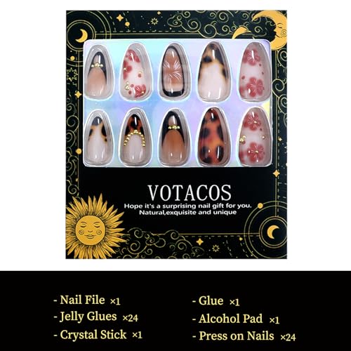 VOTACOS Brown French Tip Press on Nails Almond Medium 3D Flower Acrylic Fake Nails Press Ons with Designs Bead Leopard Print Glue on Nail for Women 24PCS Fall Reusable Artificial Stick on False Nail — view 5