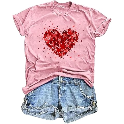 Valentine's Day Shirts for Women Cute Heart Print Graphic Tshirt Valentine Gift Short Sleeves Tee Tops(Pink6,M) Cover