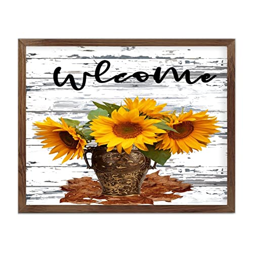 Plaque murale en bois contre les murs vides : décoration Welcome Tournesol vintage