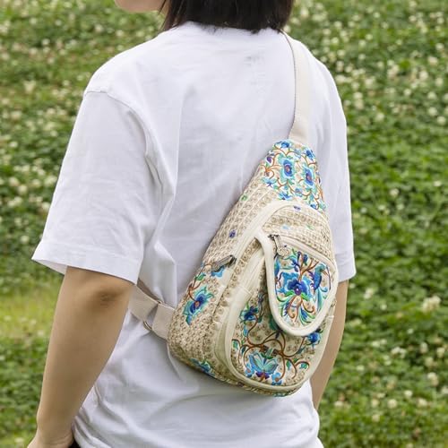 Image of SILKAREA Vintage Canvas Small Sling Bag for Women's Chest Purses Handbag Crossbody Bag Boho Embroidered Backpack Purse (Beige Blue)