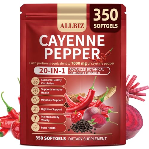 20-in-1 Organic Cayenne Pepper Capsules Supplement 7000mg | 350 Softgels | with Organic Vitamins D3 K2 E Curcumin Berberine Probiotics & Omega-3 | Supports Circulation Digestive & Bone Health