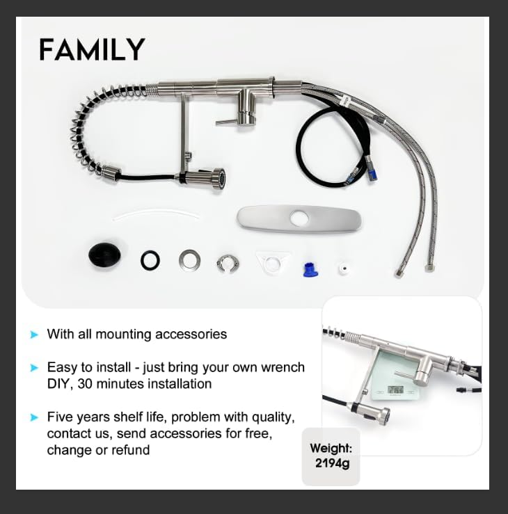 Contents of the product package, including the faucet, mounting accessories, and a note on easy installation and 5-year warranty.