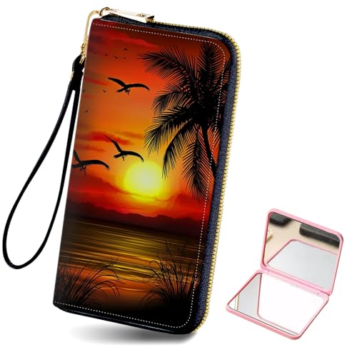 Women's Card Holder Wristlet Wallet, Convenient Travel Long Wallet with Strap and Pink Compact Mirror, Fashion and Sturdy Wristlet Long Purse for Women, Coconut Tree Sunset - Main Image