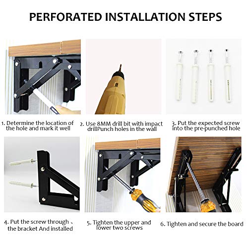 Image of Storystore Folding Shelf Brackets - 16 Inch Heavy Duty Metal Collapsible Shelf Bracket for Bench Table, Shelf Hinge Wall Mounted Space Saving DIY Bracket, Max Load: 150 lb (4 PCS, Black)