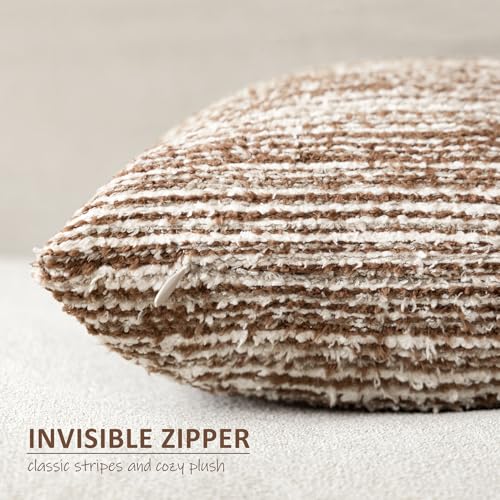 Image of Foindtower Set of 2 Faux Fur Textured Modern Throw Decorative Pillow Covers Square Accent Striped Cushion Sherpa Boho Farmhouse Pillowcase for Couch Sofa Living Room Home Decor 20x20 Inch,Orange Brown