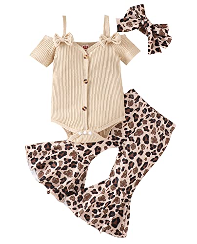 Image of 3pcs Toddler Girls Summer Outfits Ribbed Halter Crop Top Romper Bodysuit +Floral Flared Pants+Headband Clothes Set (Halter-Khaki, 3-6 Months)
