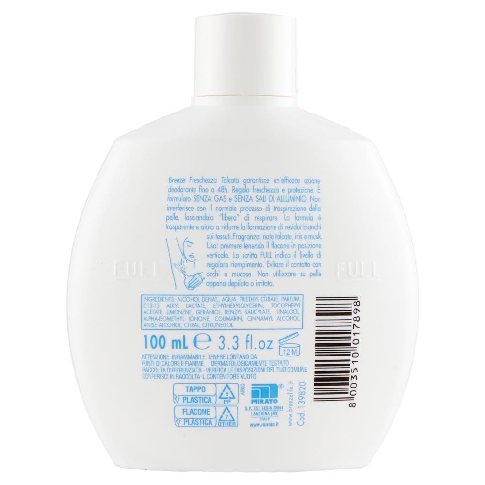 Breeze Freschezza Talcata Desodorante Squeeze, desodorante sin gas y sin sales de aluminio, desodorante perfumado 48 horas, 100 ml + llavero Beni Culinari gratuito