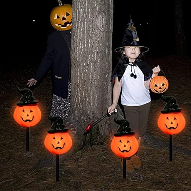 Halloween Decorations Outdoor C7 Halloween Pumpkin Pathway Stake Lights, 7Ft Jack-o-Lantern Garden Stakes with 4 C7 LED Bulbs, Pathway String Lights for Outdoor Garden Walkway Party Lighting