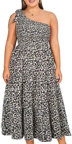 KIMCURVY Women Plus Size Summer Dress Boho Spring Floral Print Wedding Guest Smocked Long Dress with Pockets