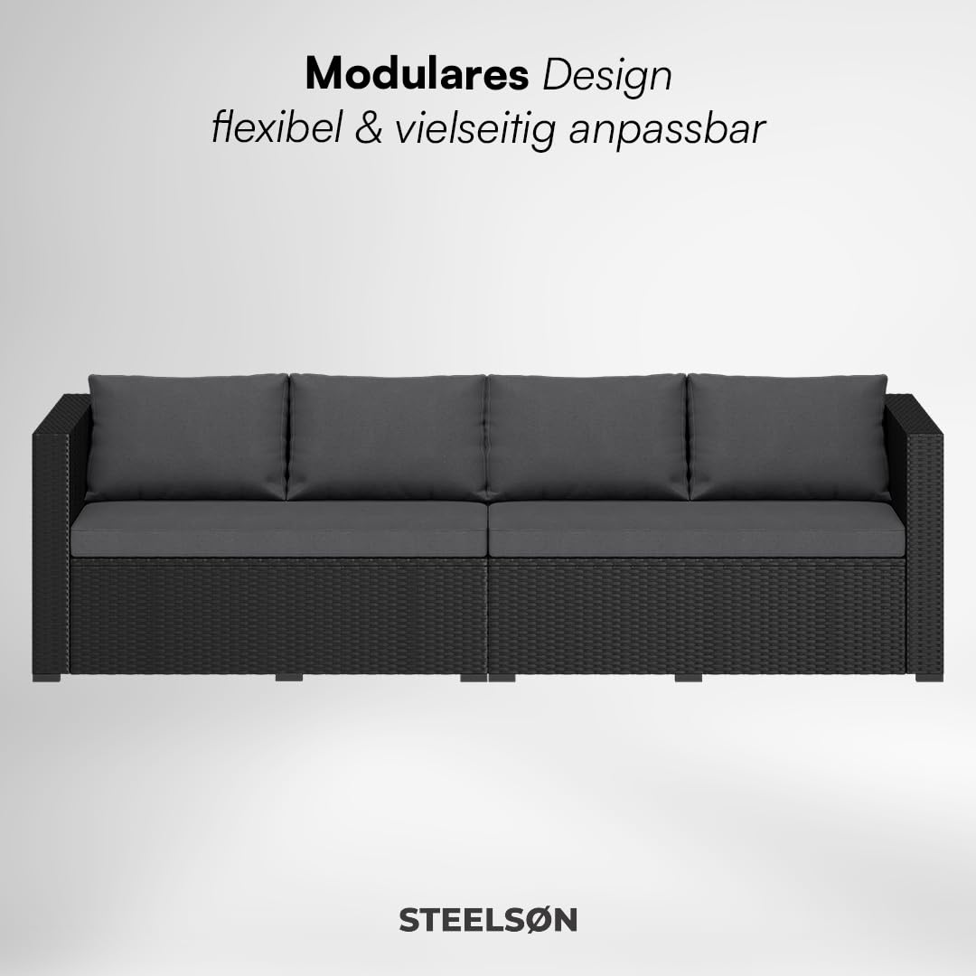 STEELSØN Veloria Rattan Gartenmöbel Set 4-TLG. – Gartenlounge mit Sofas, Tisch & Box – Outdoor Sitzgruppe bis 4 Personen – Sitzgarnitur Garten/Balkon/Terasse schwarz/anthrazit mit Stauraum